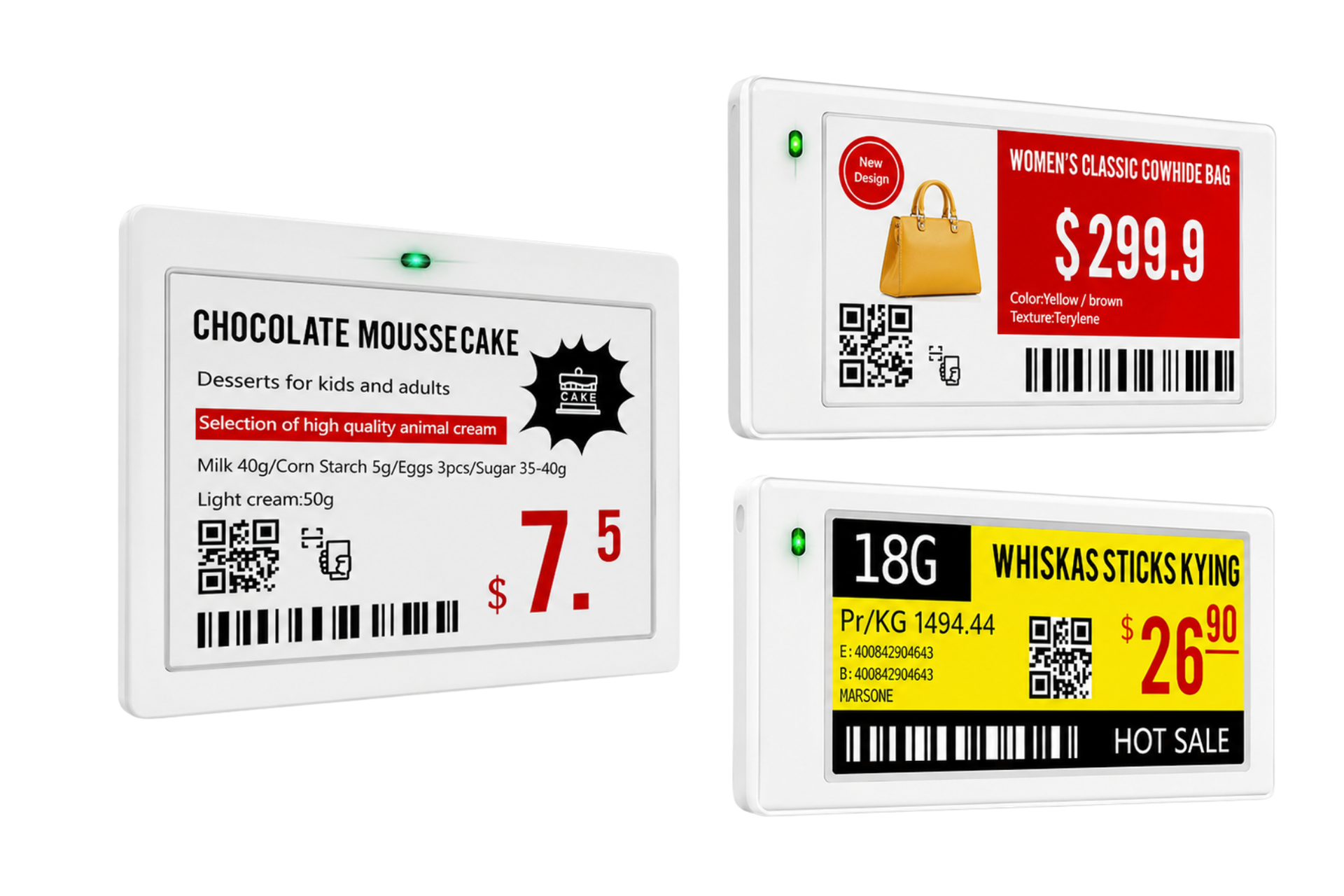 Electronic Shelf Labels displaying real-time retail pricing, QR codes and promotional content for automated price management and improved store efficiency.