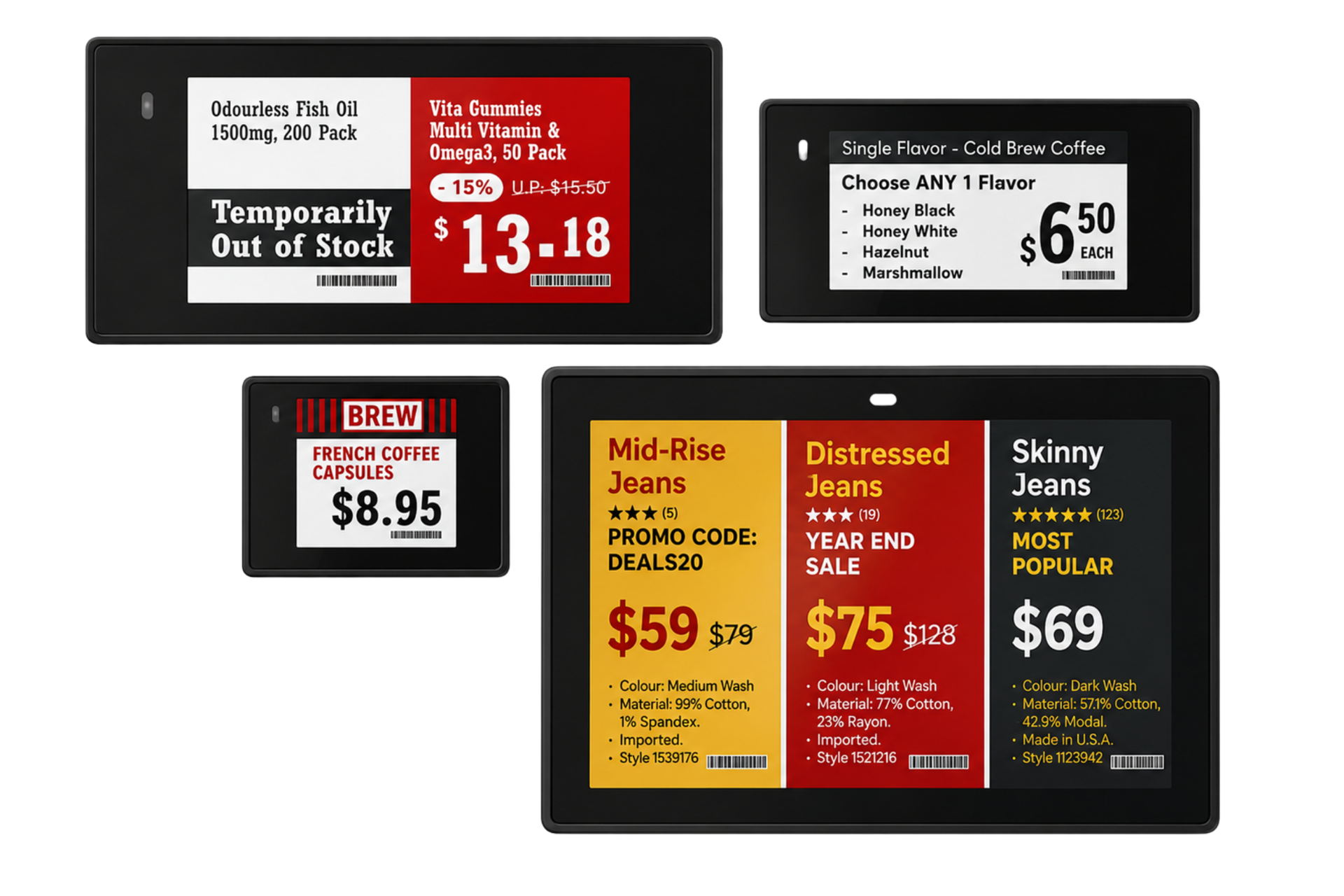 LCD shelf edge displays showcasing digital pricing, promotions, product information and retail advertising for modern smart stores.